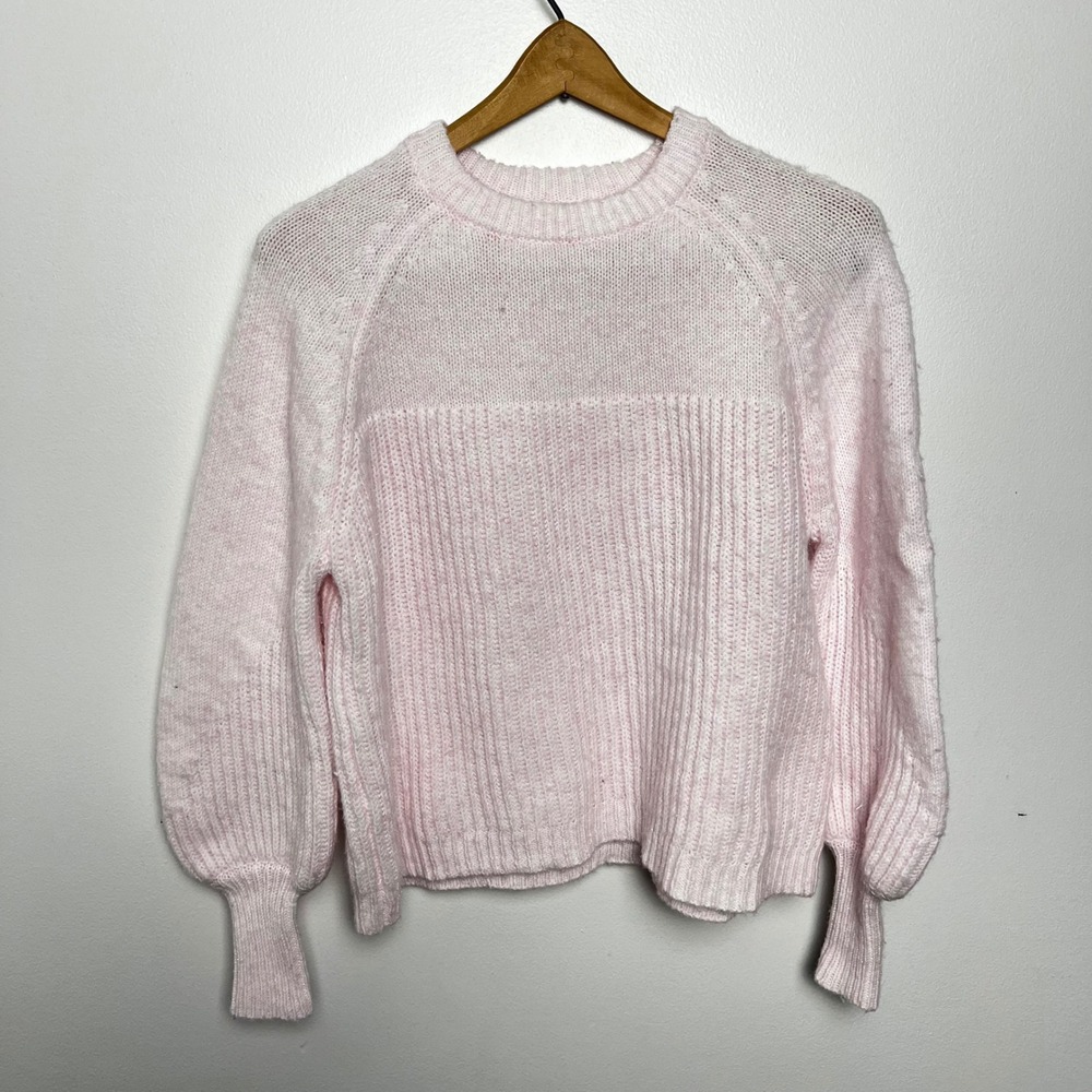 Single Thread Pink Knit Sweater Balloon Sleeve Ribbed Texture Crew Women's M‎